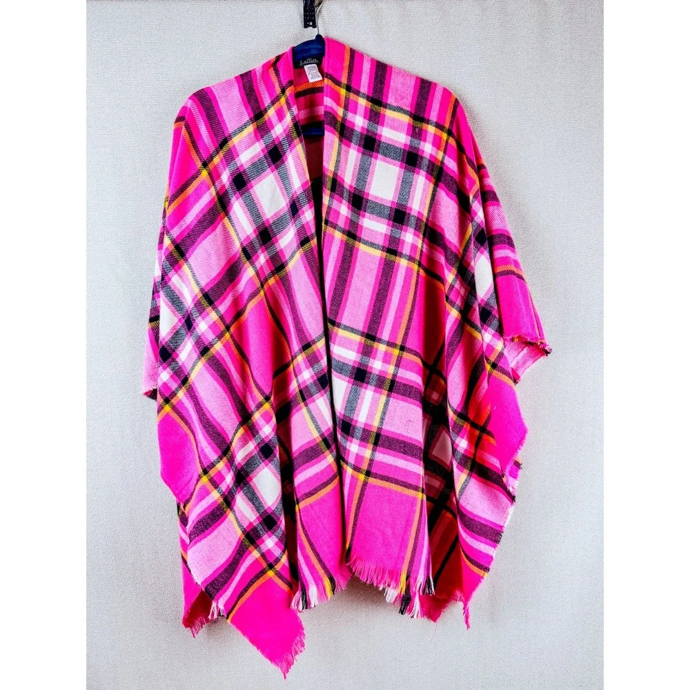 Chatties Womens Hot Pink Plaid Poncho Wrap Fringe Open Front Shawl